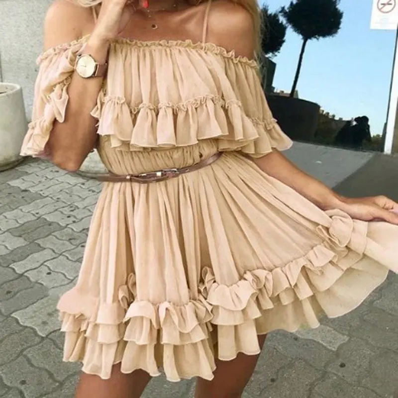 

Sexy Backless Slash Neck Ruffled Dresses Women Summer Solid Strapless Mid-Waist Chiffon Mini Party Dress Female Casual Vintage