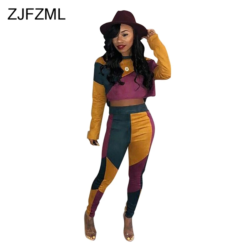 ZJFZML هندسية خليط قطعتين مجموعات الخريف ملابس النساء طويلة الأكمام المحاصيل قمم + Bodycon السراويل اللون كتلة 2 قطعة بذلة رياضية
