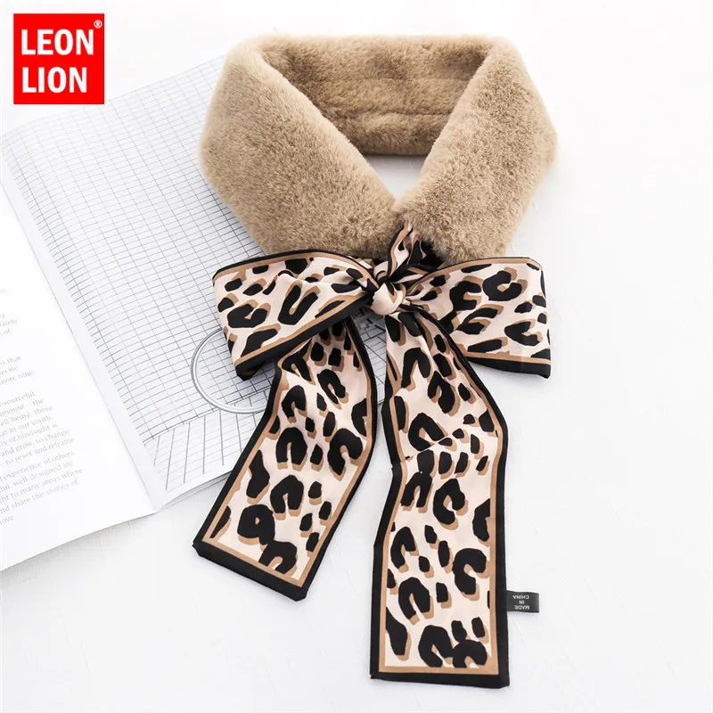 

Plush Leopard Scarf Fur Collar Ribbon Winter Imitation Aabbit Hair Student Warm Sjaal Colorful Leopard Print Cross Scarf Autumn