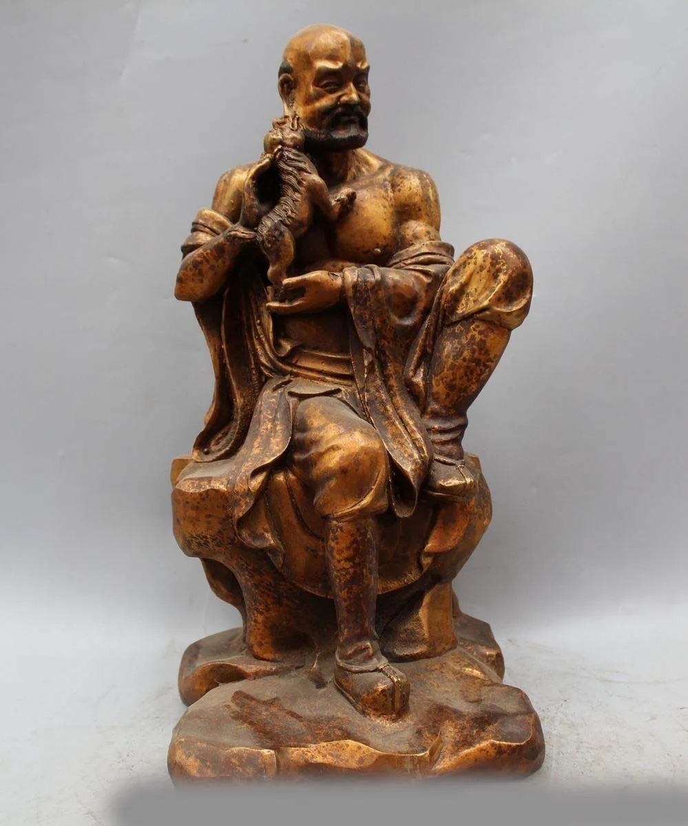 

15" Chinese Buddhism Bronze Gild Eighteen Arhats Kylin shaveling Monk Buddha