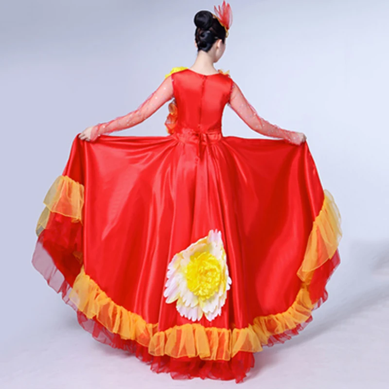 Испанское фламенко платье красное Сетчатое бальное платье с длинными рукавами для танцев Женская танцовщица цыганские костюмы Женская одежда для выступлений DN3590