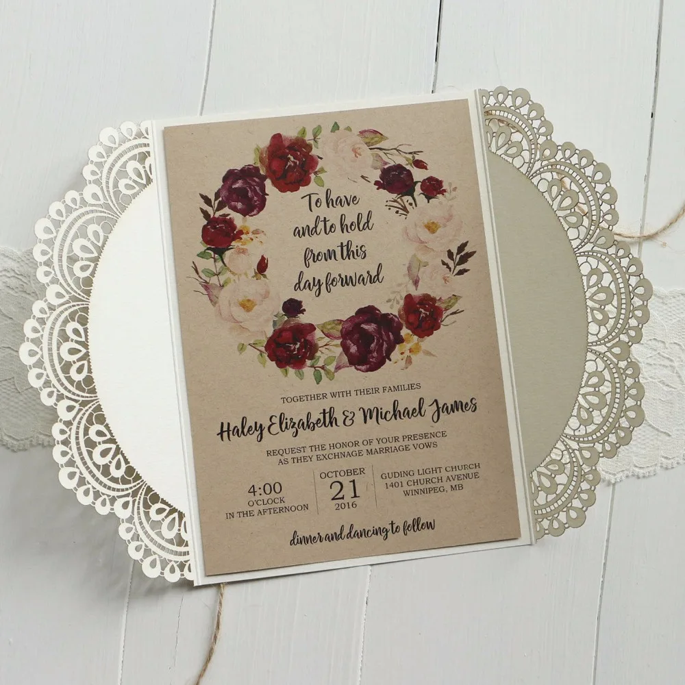  Off White Lace Wedding Invitations Set RSVP Cards Included Rustic Kraft Paper Invitation Cards - Se - 32857479886