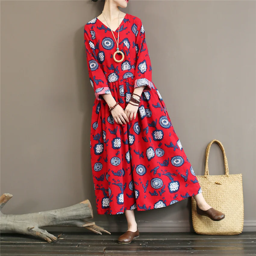 Johnature, женские бандажные платья, винтажный принт, халаты с цветочным принтом, осень, новинка, v-образный вырез, длинный рукав, хлопок, женская одежда, Япония