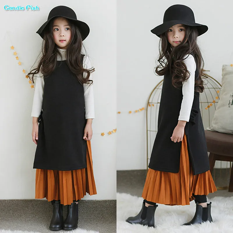 Платья для девочек; Новинка года; зимнее утепленное бархатное кружевное платье с разрезом по бокам для девочек; черное платье без рукавов