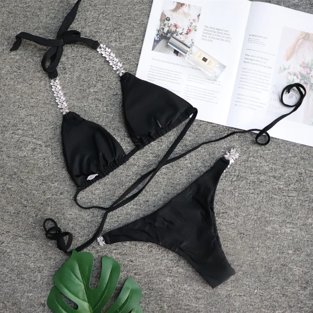 Billige Diamant bikini weiß strass bikini Braizilian bademode weibliche strappy badeanzug frauen Kristall bikini set Push up badeanzug