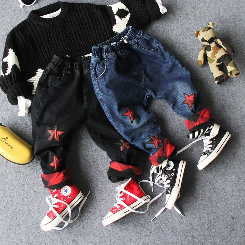 

new 2018 winter boys casual thick warm fleece inside denim pant 1pc kids winter fashion style casual pant boys trousers