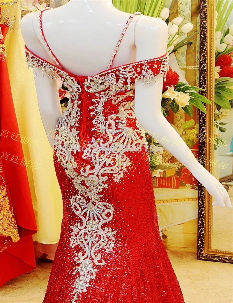 Реальный образец Мода Русалка приталенный силуэт Jewels Блестки бисера Красный vestido de festa женщин Променад платья