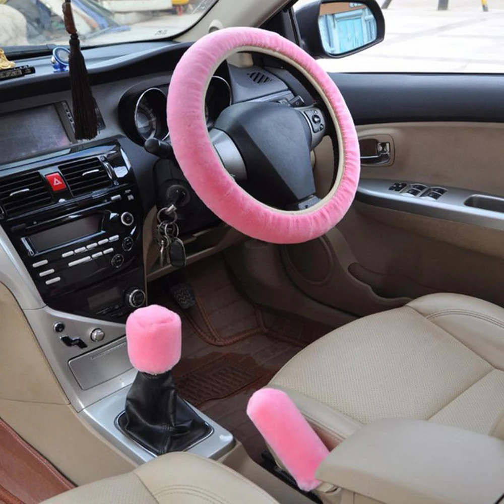 Автомобильный плюшевый модный универсальный чехол на руль, зимний теплый плюшевый костюм из трех предметов, розовые автомобильные аксессуары, пушистый