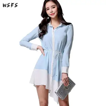 

Autumn Shirt Dress Blue Patchwork Full Sleeve Women Dress Elegant Bodycon Business Vintage Sexy Party Midi Asymmetrical Dress