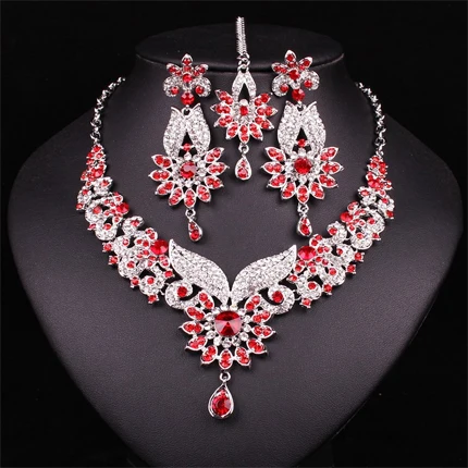Мода Индийский стиль Кристалл Стразы ожерелье серьги набор посеребренные Свадебные Ювелирные наборы Ювелирные изделия Рождественский подарок для женщин - Окраска металла: red