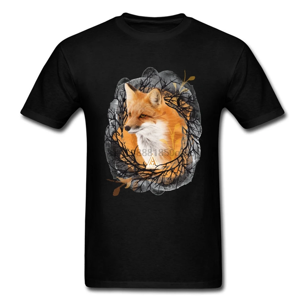 Black Background Fox Brand New Man T Shirts Round Neck Short Sleeve Pure Cotton Tops Simple Style Animal | Мужская одежда