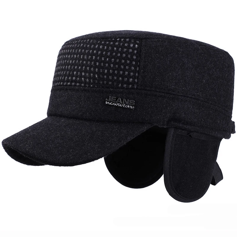 HT2004 мужские зимние шапки из шерстяного войлока, одноцветная бейсболка с регулируемым плоским верхом, армейская Кепка, мужские бейсболки с ушками, теплая шапка для папы