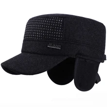 HT2004 мужские зимние шапки из шерстяного войлока, одноцветная бейсболка с регулируемым плоским верхом, армейская Кепка, мужские бейсболки с ушками, теплая шапка для папы