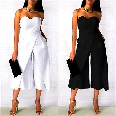 

Women Ladies Clubwear Strapless Jumpsuit Playsuit Black White Bodycon Party Jumpsuit Rompers Wide Legs Pants Plus Size