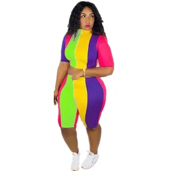 

2019 Colorful Striped Two Piece Set Short Tracksuit Women Two Piece Outfit Tee Top Bodycon Biker Shorts Matching Sets