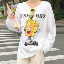 Футболка с героями мультфильмов Для женщин с длинным рукавом шикарный с О-образным вырезом Kawaii Свободная Женская футболка корейский стиль элегантный милый рюкзак для школы Повседневное ежедневно Lovely Girl