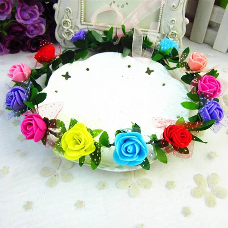 

Women Wedding PE Rose Artificial Flower Garland Wreath Headband and Wedding Hair Wreath Hair Band Ornaments Beach Wrape Wreath