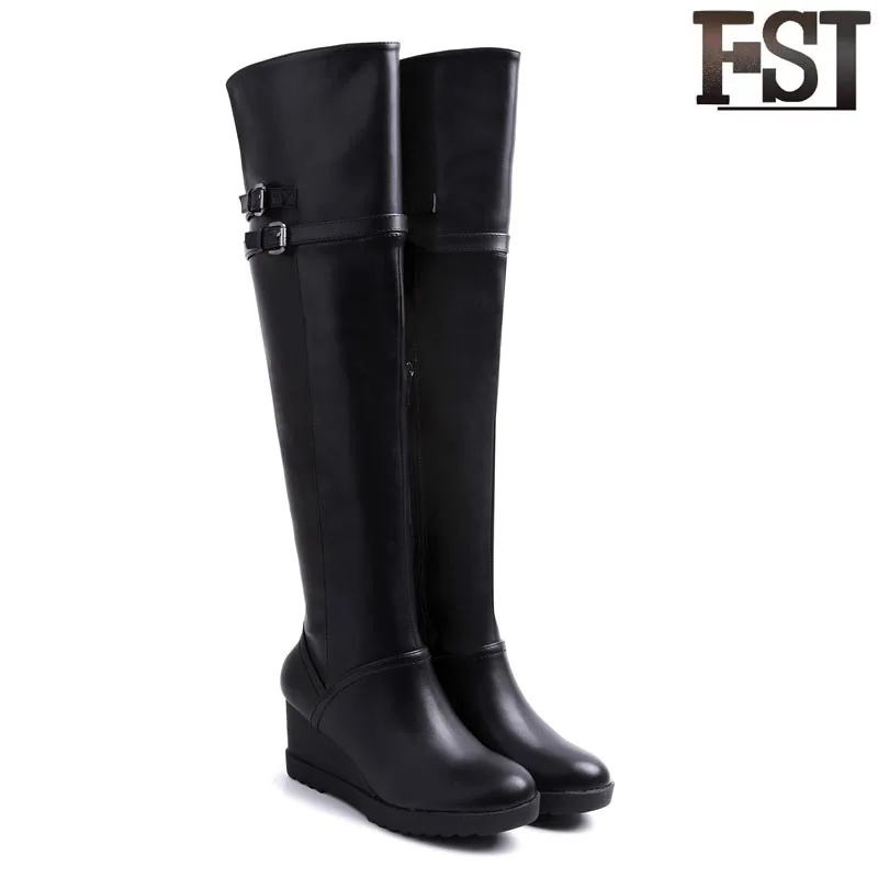

FSJ Genuine Leather Ladies Woman Boots Cow Leather Over-the-Knee Buckle Strap Round Toe Wedges Pigskin Platform Black Solid