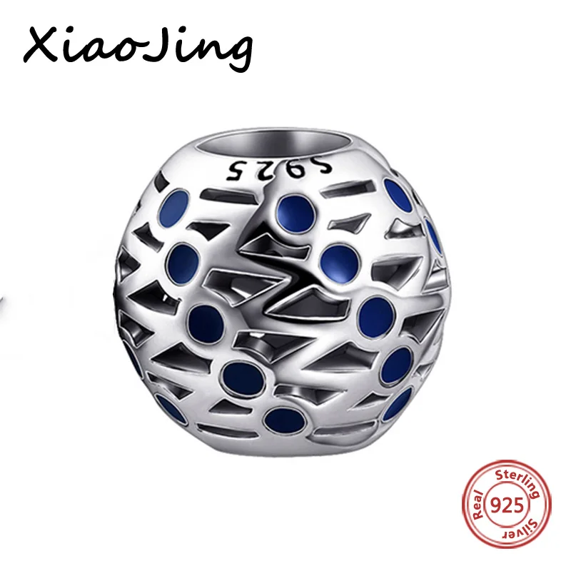 

New 925 Sterling Silver charms round shape Beads with blue enamel Fit original European Bracelet diy fashion Jewelry for women
