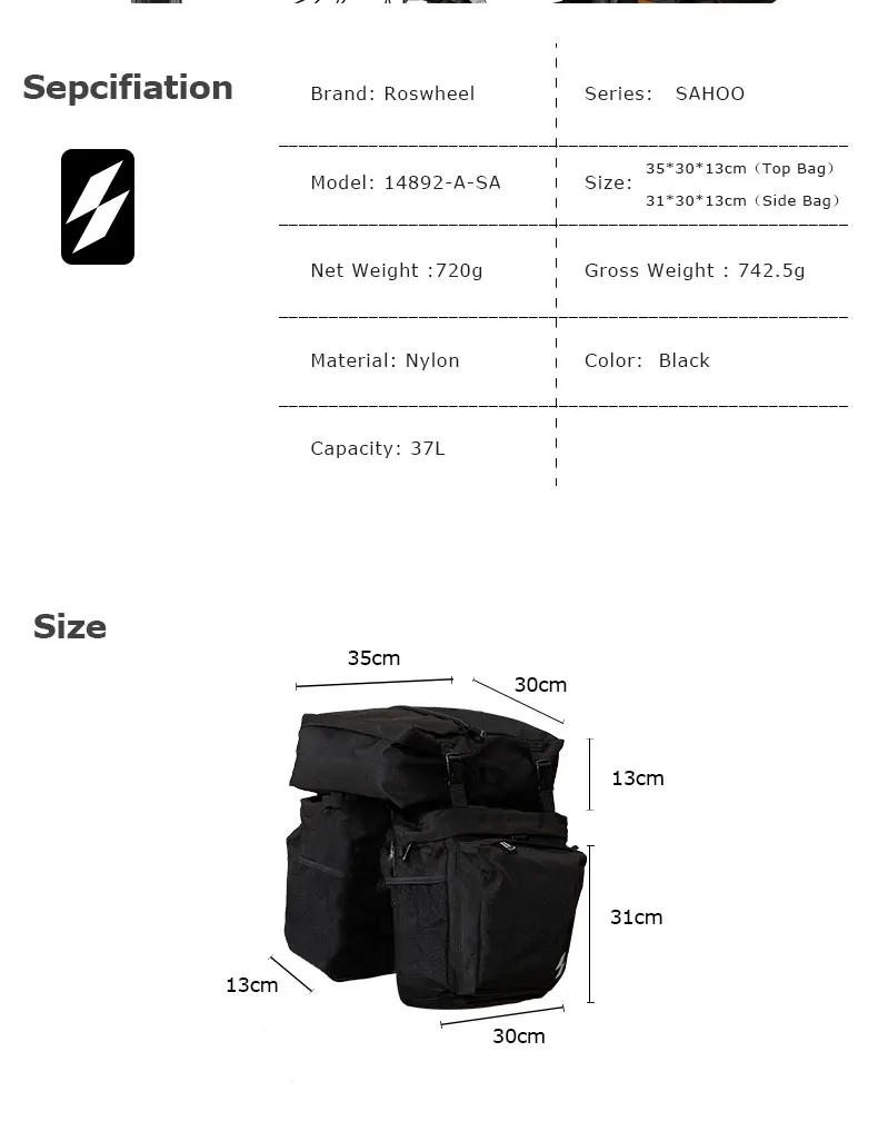 Top ROSWHEEL Sahoo Series 14892-A-SA 3 in 1 Mountain Road Bicycle Bike Trunk Bags Cycling Double Side Rear Rack Tail Seat Pannier 1 Top ROSWHEEL Sahoo Series 14892-A-SA 3 in 1 Mountain Road Bicycle Bike Trunk Bags Cycling Double Side Rear Rack Tail Seat Pannier 1