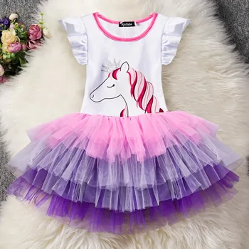 

Wholesale Summer Caroon Dress For Girls Crown Unicorn Colorful Gauze Tiered Princess Dress Cake Dress 2-6 Years E88470