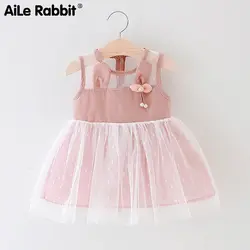 AiLe Rabbit/летнее платье корейской версии 2019 для девочек без рукавов в клетку галстук-бабочка чистая марлевые платье