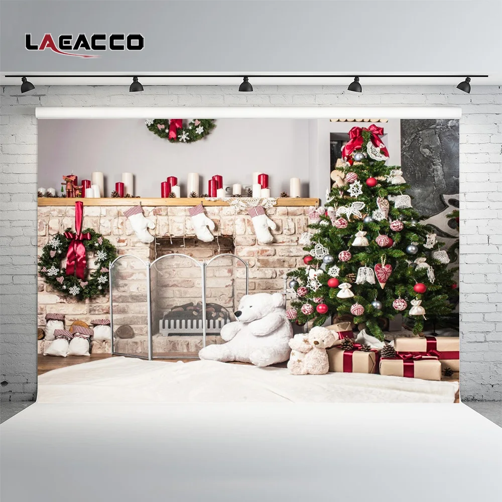 Laeacco Christmas Tree Home Decoration Fireplace Scene Photography Backgrounds Vinyl New Year Backdrops For Photo Studio Props
