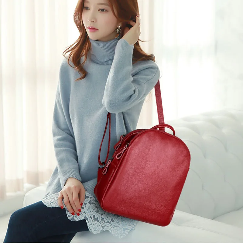 

Red Shell Leather Women Quality Shoulder Backpack Solid Color Zipper Bag for Teenager Girls Small Travel Back pack