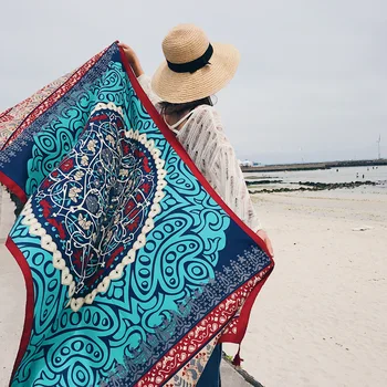 

2018 new European and American big scarves tassels totem cotton and hemp scarves, summer beach sun shawls, beach towel ladies.