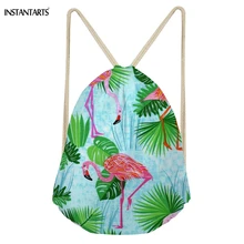 INSTANTARTS Casual Softback Woman Drawstring Bags Green Tropical Leaf With Flamingos Print Backpacks for Girls Fashion Beach Bag