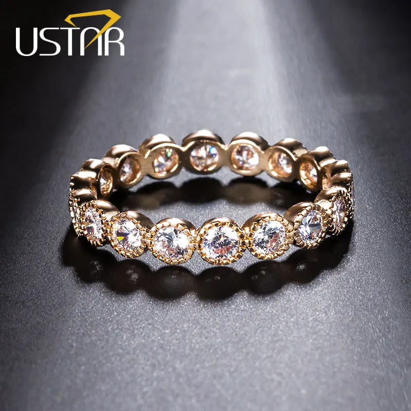 USTAR Kristal Cincin Sambungan untuk wanita dengan AAA Kubik Zirkonia Rose Gold warna jari cincin perkahwinan wanita Anel Jewelry bijoux