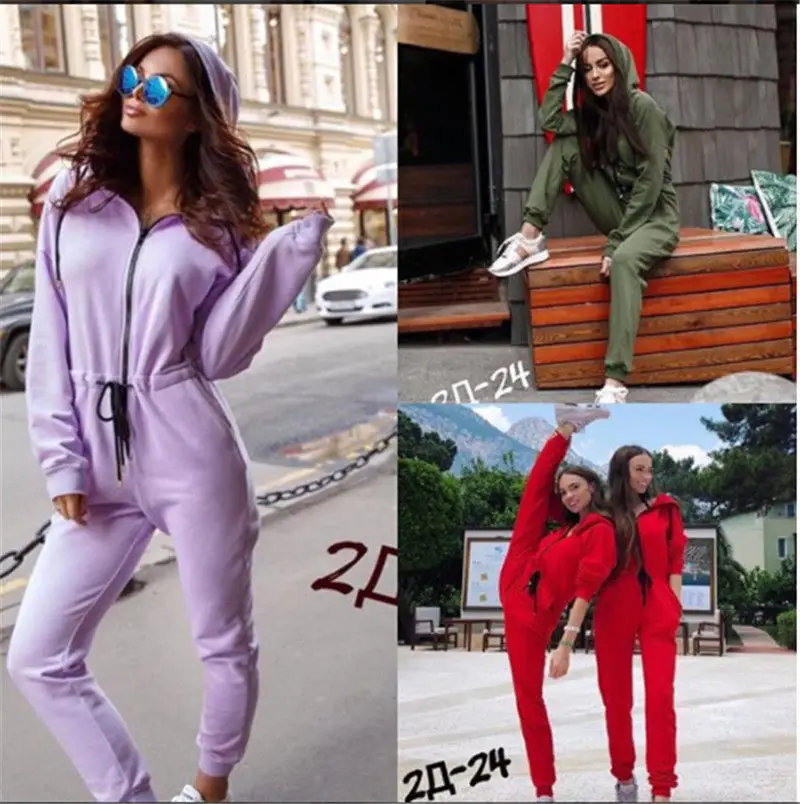 Ladies Women Jumpsuit Zipper Hooded Clubwear Party Bodycon Long Pants Casual Romper Solid Warm Cotton Skinny Soft Clothing