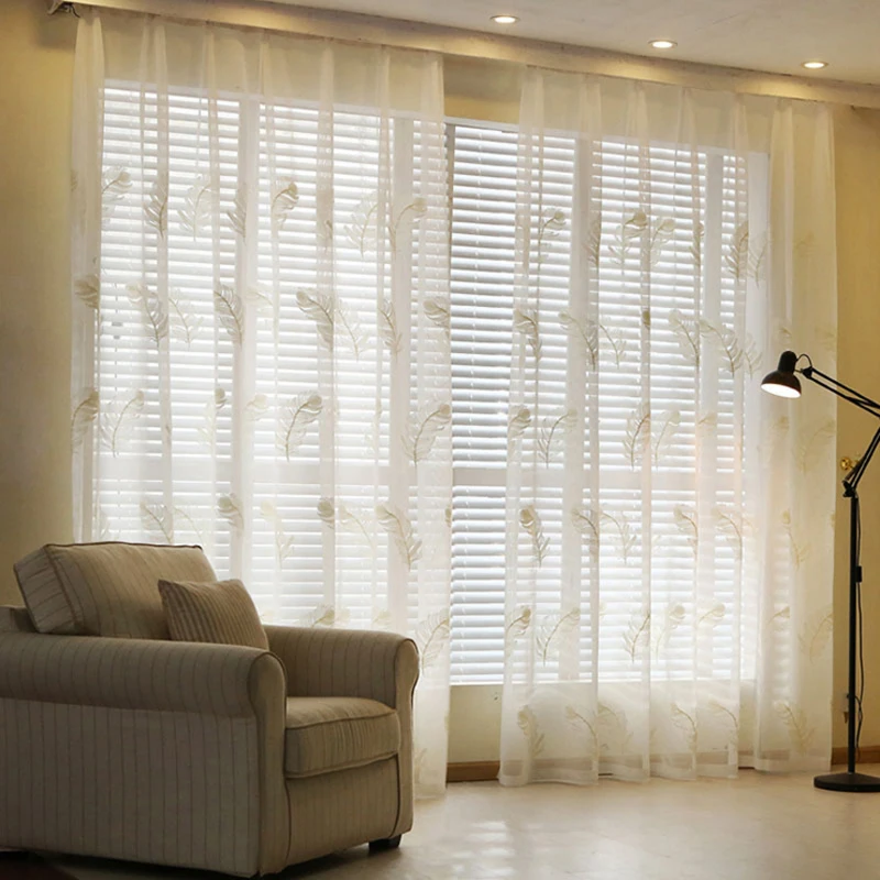 New White/Blue Feather Embroidered Voile Curtains for Living Room the Bedroom Sheer Curtains Tulle Window Fabric Drapes