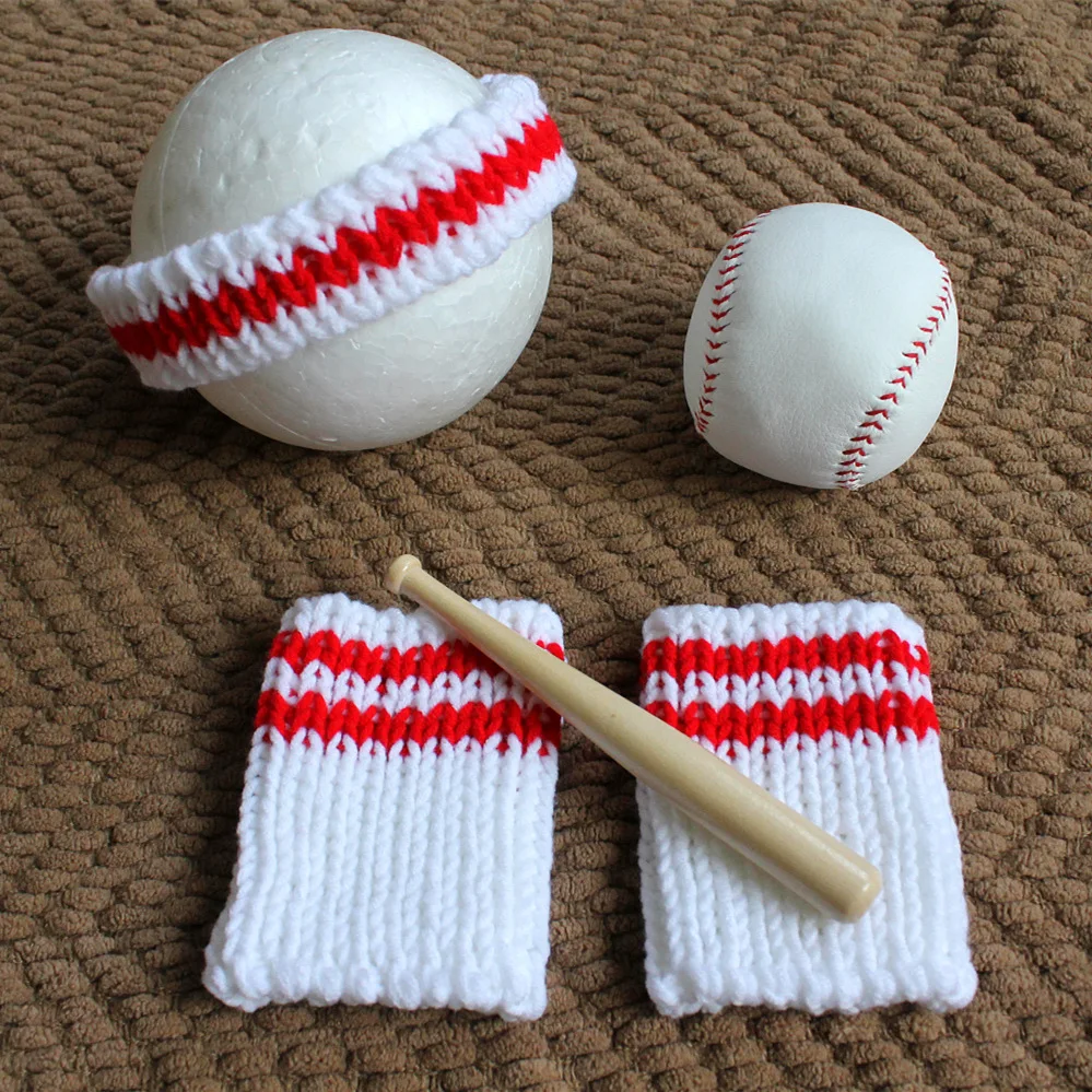 Baby Boy Photography Props Accessories Baby Headband+Baseball+Sleeves+Wood Stick Set Baby Shooting Baseball Photo Prop Accessory