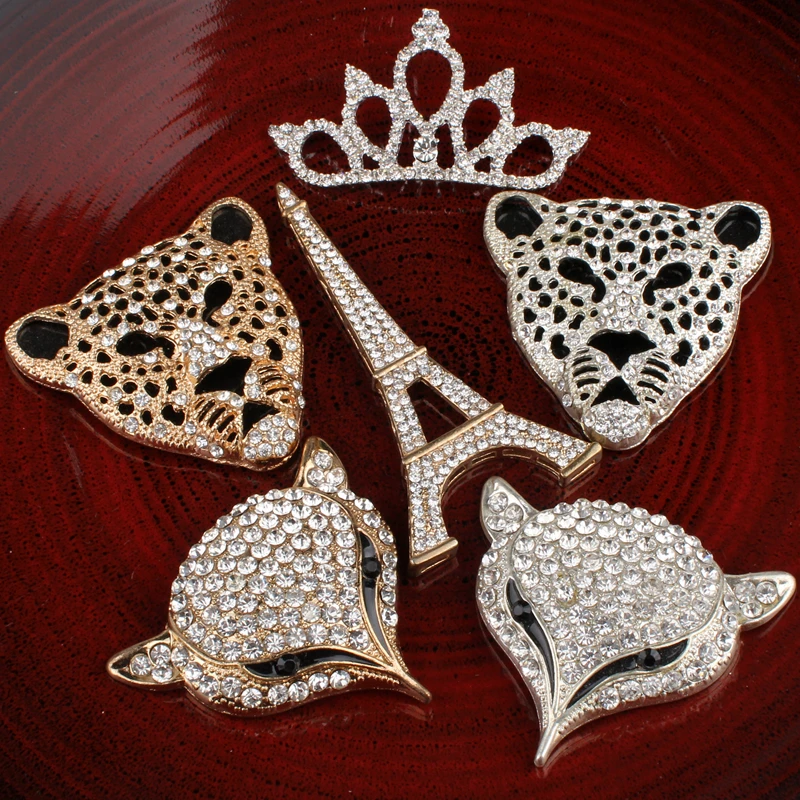 

30PCS Hot Fix Vintage Metal fox/tower/crown/leopard head Crystal Buttons Flatback Rhinestone Buttons for Wedding Embellishment