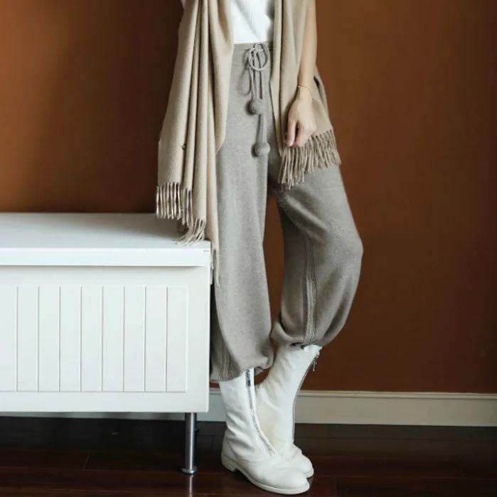 

2018 Promotion Sale Casual Loose Knitted None Women Pants Cashmere Trousers Apricot Outside Wear Pure Wide Leg Pants Female
