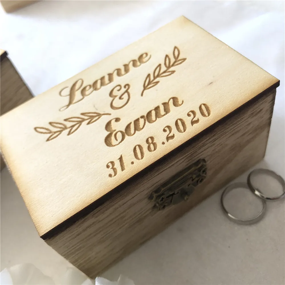 Ретро Персонализированная Коробка для свадебных колец с гравировкой для жениха и невесты, фамилия и дата, коробка для колец, свадебный подарочный держатель, деревянная коробка