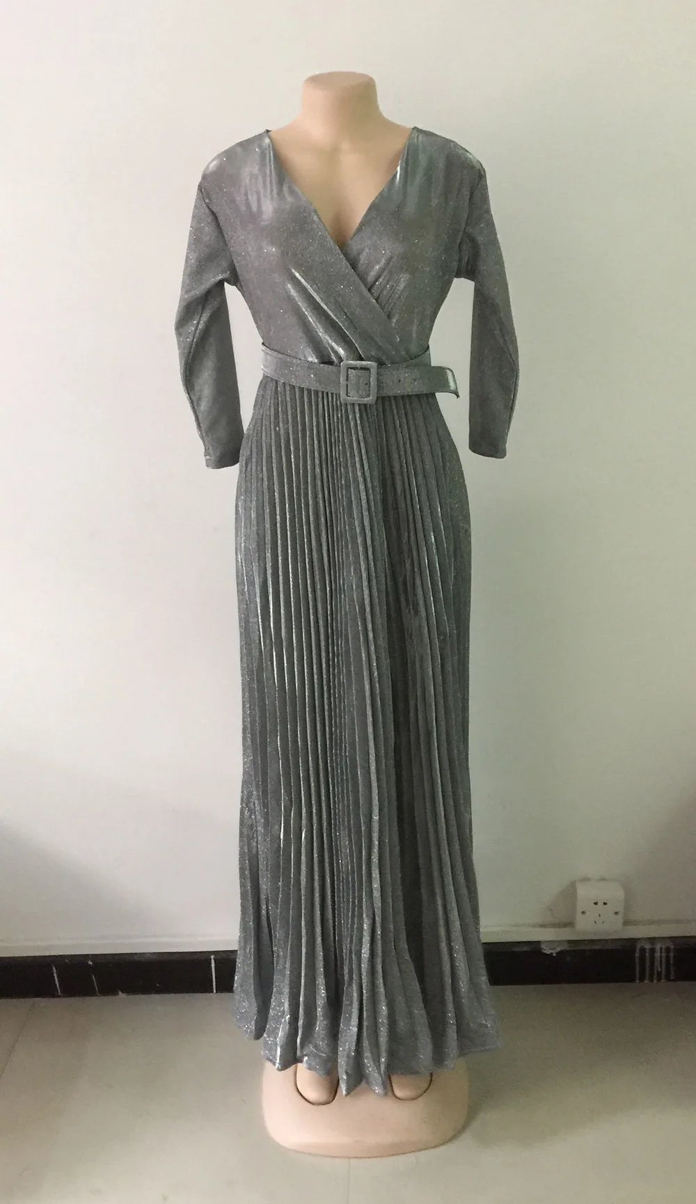 Cena Kobiety Maxi sukienka elegancka strona plisowana świętuj V Neck z pasem biodrowym elegancka odzież damska odzież błyszcząca afrykańska popularna tunika