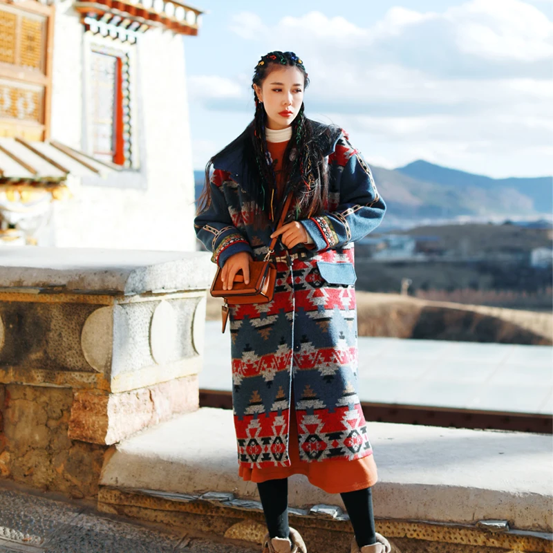 

LYNETTE'S CHINOISERIE 2016 Winter New Arrival Women Woolen Stripe Medium Long Overcoat Outerwear