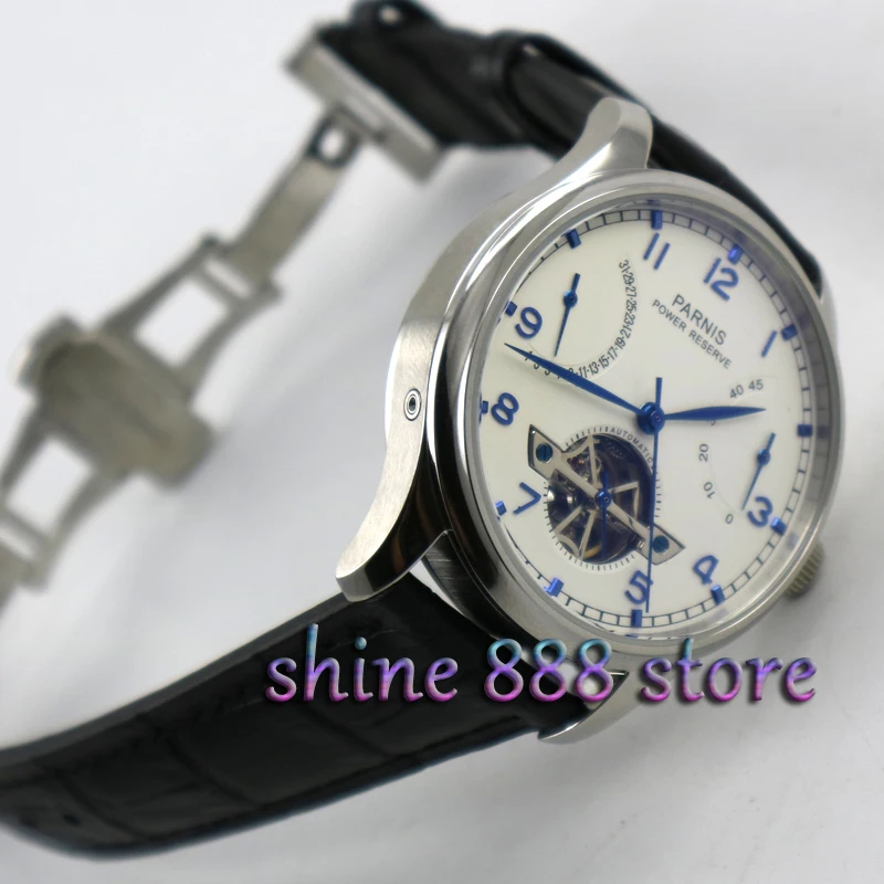 

Parnis 43mm White dial power reserve Date Black strap deployant clasp Automatic Mechanical Men's Watches