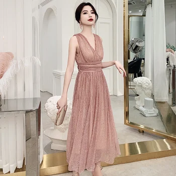 

wei yin Plus Size Evening Dresses 2020 Long Women Elegant Sleeveless V Neck Empire Party Gown Robe De Soiree WY1756