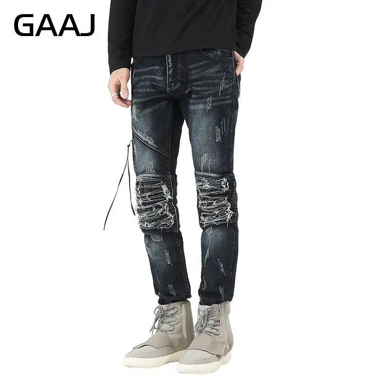 

Top Quality Famous Brand Men Ripped Jeans Destroyed Jeans Mens Hip Hop Zipper Biker Denim Pants Ripped Jeans for Men Blue Pants