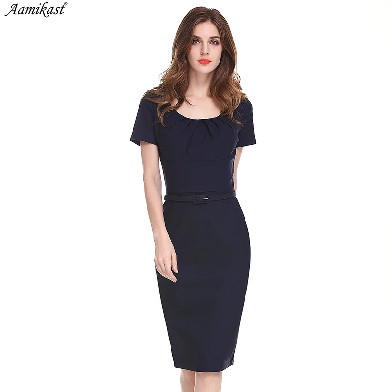 

Aamikast 2019 Womens Spring Autumn Elegant Pleated Neck Patchwork Casual Work Business Office Party Cocktail Bodycon Sheath Dres
