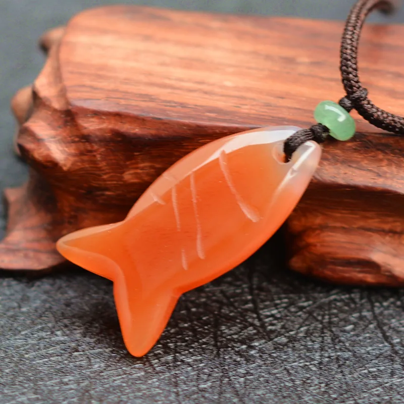 Drop shipping Natural Red Chalcedony Pendant Necklace Hand carved fish