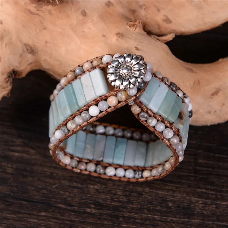 Богемный Браслет Amazonite один винтажный кожаный браслет полудрагоценный камень