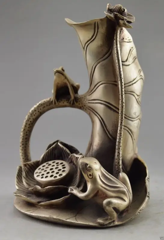

Collectible Decorated Old Handwork Tibet Silver Carved Frog On Lotus Statue Vase