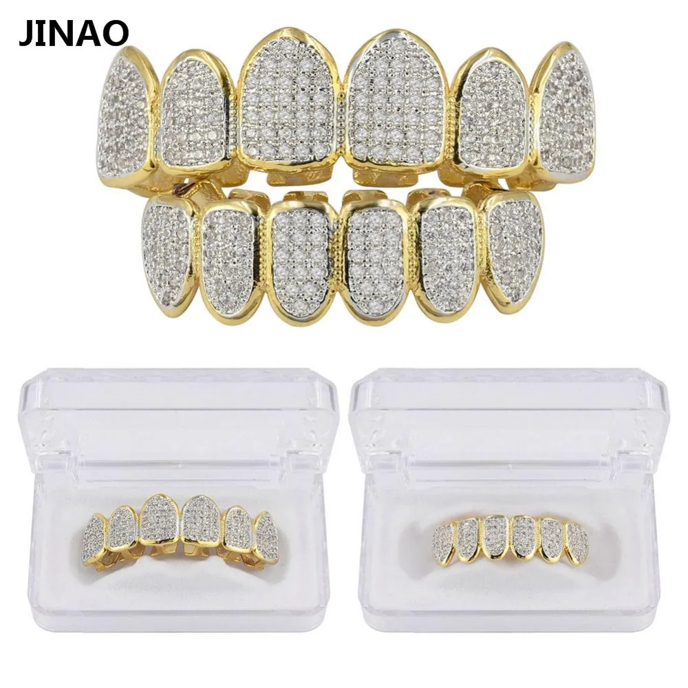JINAO Black Vampire Fangs Grills For Your Teeth Hip Hop 14K Gold Black Plated Top Bottom Teeth Grillz Set For Men And Women (Black Grillz
