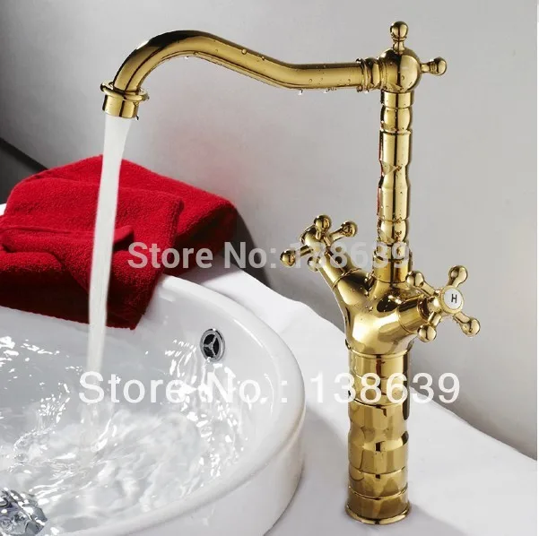 Free shipping tall basin tap,dual handles single hole modern bathroom faucet,brass golden basin sink mixer faucet,promotion