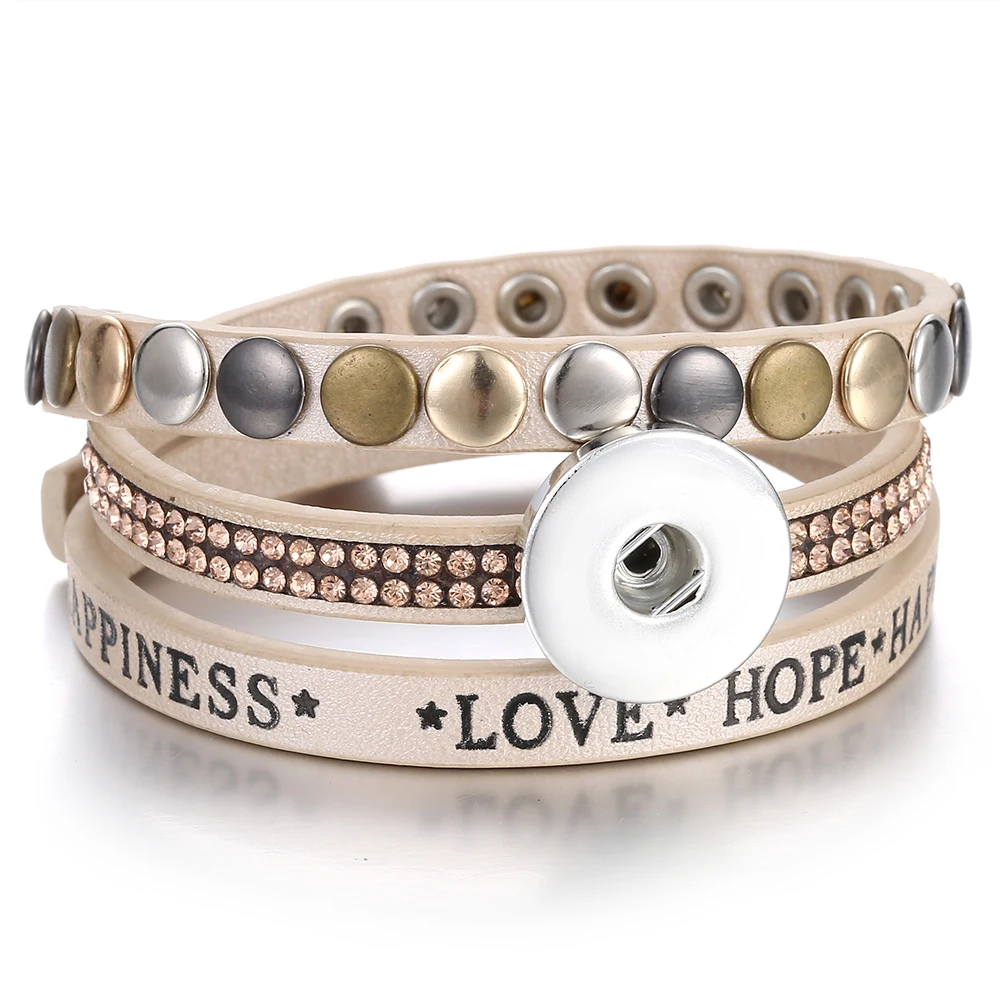 

New Snap Buttons Jewelry Love Hope Happiness Leather Snap Button Bracelet Punk Rivet Multilayer Leather Bracelet Valentines Gift