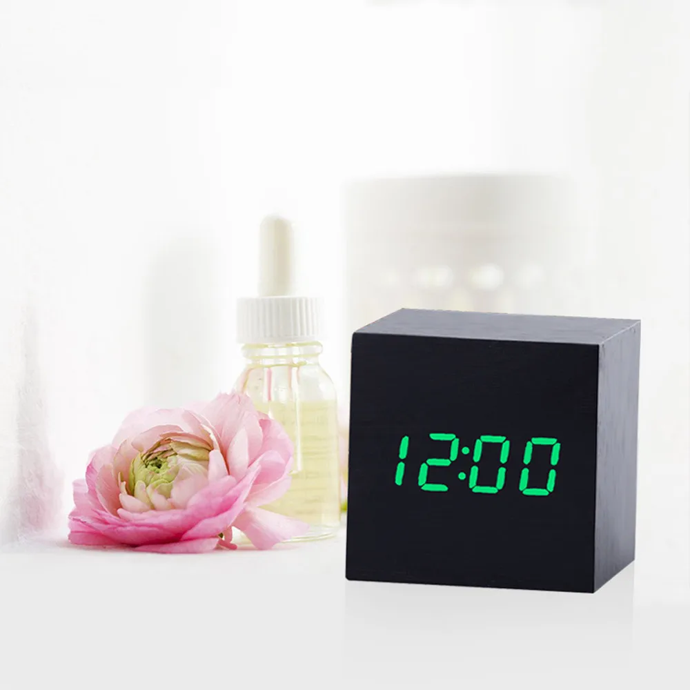 Многоцветные деревянные часы с управлением звуками, современный деревянный цифровой светодиодный Настольный будильник, термометр, таймер, календарь, настольный декор